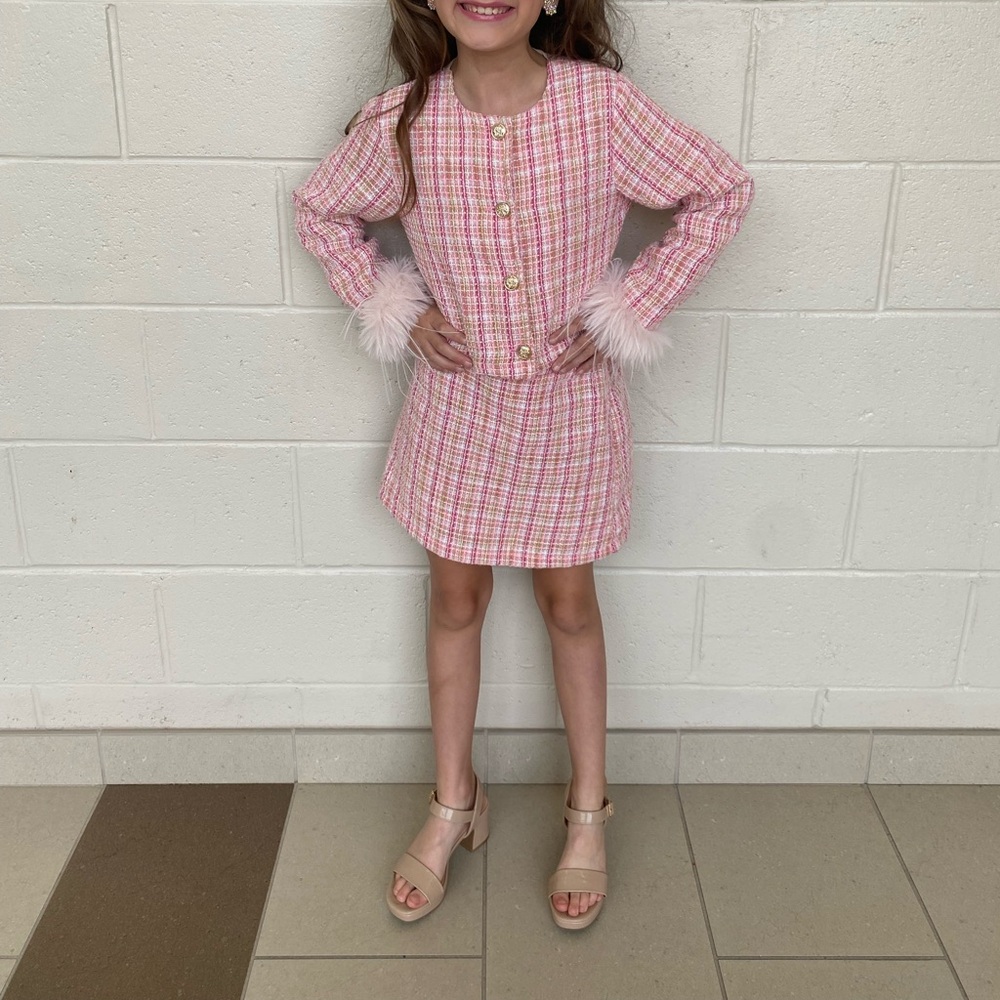 Pink Plaid Dress with Feather Cuffs